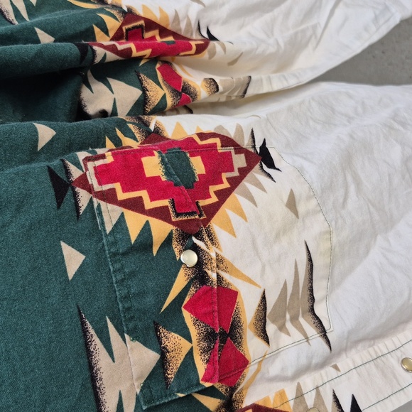 WRANGLER Brush Poplin Green White Snap Aztec Pattern Mens‎ L Western Shirt RARE - Picture 5 of 10